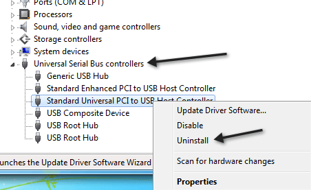 إلغاء تثبيت وحدة تحكم USB