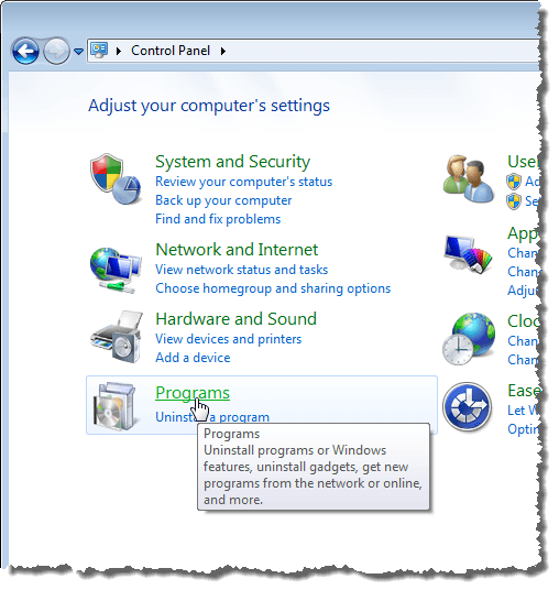 النقر فوق ارتباط البرامج في Windows 7