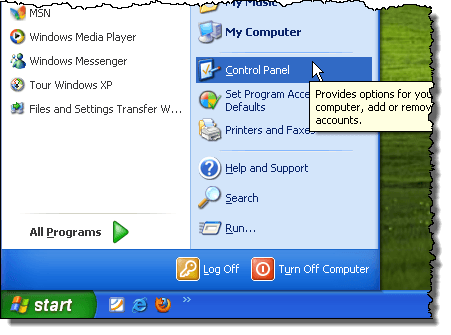 فتح لوحة التحكم في نظام التشغيل Windows XP