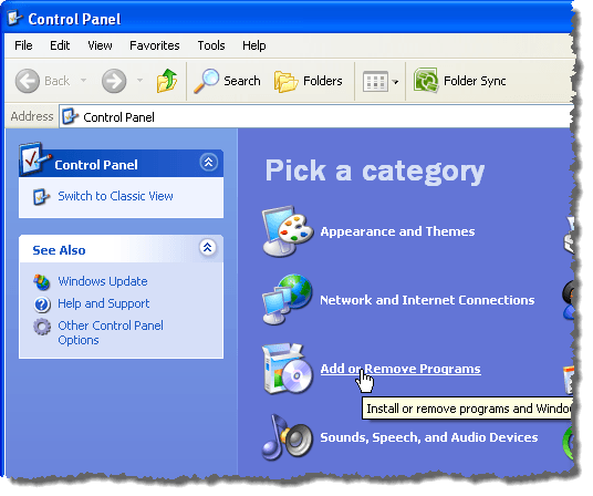 النقر فوق ارتباط إضافة أو إزالة البرامج في نظام التشغيل Windows XP