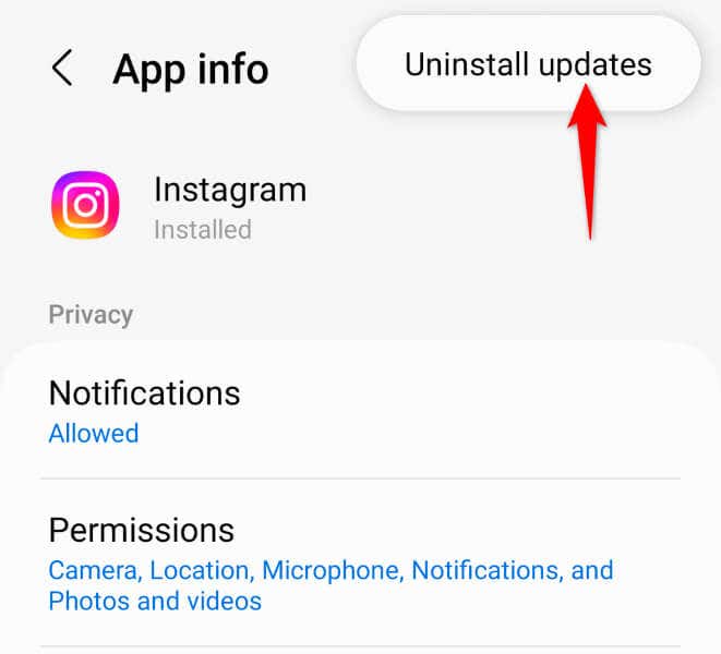 قم بإلغاء تثبيت تحديثات تطبيق Instagram على صورة Android