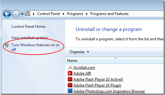 Turn Windows Features On or Off